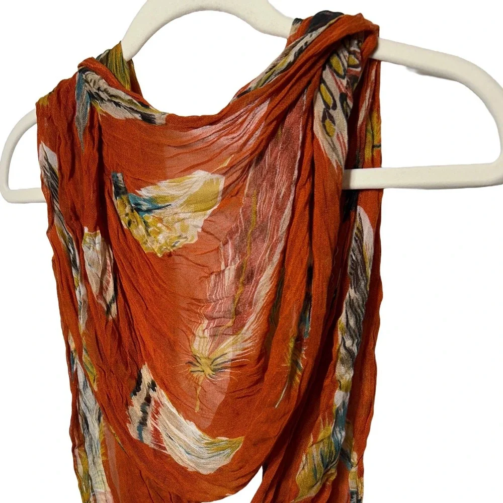 SAACHI Feather Print Scarf‎ Wrap Orange Brown Modal Lightweight